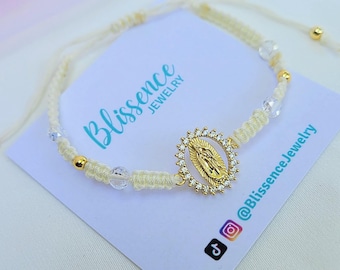 Virgen de Guadalupe Bracelet: Gold Plated Charm, Nylon Cord