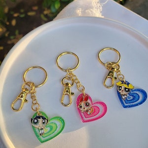 Power girls, Puff girls, cute keychains, gold keychains, gift ideas, key ring. backpack accessories, cartoon keychains, Enamel, Acrylic