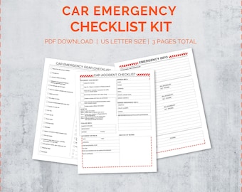 Paquete imprimible del kit de seguridad para automóviles de emergencia: lista de verificación de accidentes, información de contacto, lista de equipo de seguridad, regalo para nuevos conductores y propietarios de automóviles