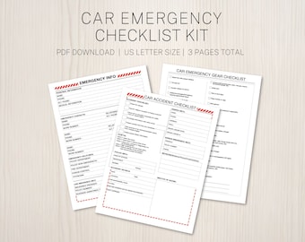 Kit de seguridad de emergencia para automóviles imprimible: formulario de contacto, lista de verificación de accidentes, lista de inventario de equipo: excelente regalo para el conductor
