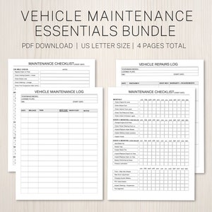 May include: A printable vehicle maintenance essentials bundle includes four pages: a maintenance checklist, a vehicle maintenance log, a vehicle repairs log, and a monthly maintenance checklist. The bundle is designed to help you keep track of your vehicle's maintenance and repairs.