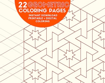 May include: A set of 22 geometric coloring pages. The pages feature intricate designs with a variety of shapes and patterns. The designs are in black and white, ready to be colored in. The text "22 Geometric Coloring Pages" is in orange at the top of the image. The text "Instant Download Printable + Digital Coloring" is in white on an orange background.