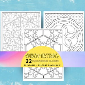 May include: A set of 22 printable coloring pages featuring geometric designs. The pages are black and white and feature intricate patterns. The text "Geometric 22 Coloring Pages Printable + Instant Download" is displayed on a yellow banner.