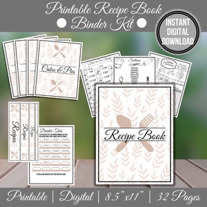 Könnte beinhalten: Druckbarer Rezeptbuch-Ordner-Set mit 32 Seiten. Der Einband hat einen beigefarbenen Hintergrund mit einem Löffel- und Gabel-Design und einem Blatt-Muster. Der Text "Rezeptbuch" ist in Schwarz gedruckt.