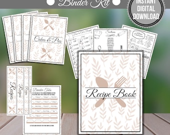 May include: Printable recipe book binder kit with 32 pages. The cover features a beige background with a spoon and fork design and a leafy pattern. The text "Recipe Book" is printed in black.