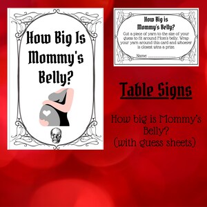 May include: A printable table sign for a baby shower game. The sign is black and white with a skull and crossbones graphic. The text on the sign reads "How Big Is Mommy's Belly?" and "Table Signs How big is Mommy's Belly? (with guess sheets)"