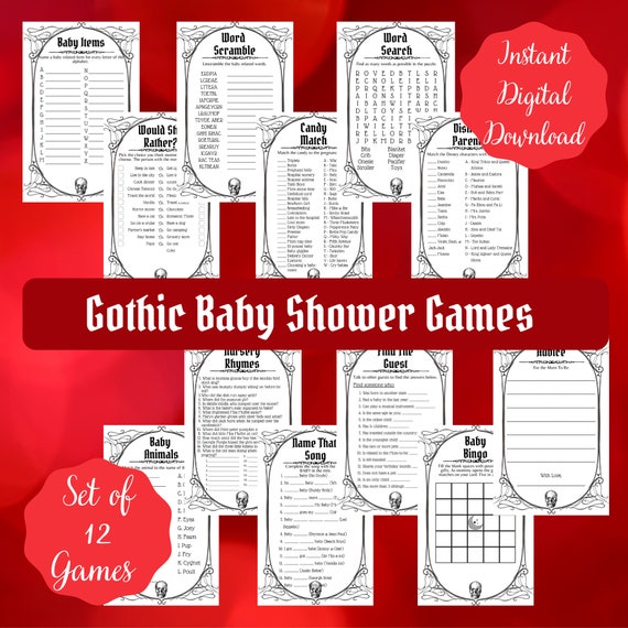 Gothic baby shower printable games bundle