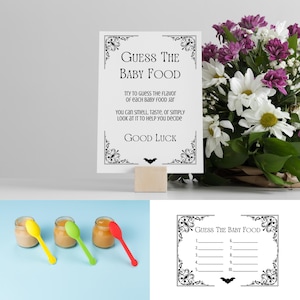 May include: A white sign with the text "GUESS THE BABY FOOD" and decorative corners, set on a wooden block. The sign is accompanied by baby food jars with colorful spoons and a bouquet of flowers. A game card is also included.
