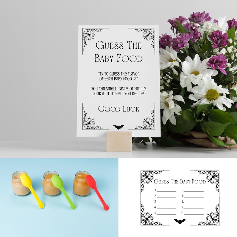 May include: A white sign with the text "GUESS THE BABY FOOD" and decorative corners, set on a wooden block. The sign is accompanied by baby food jars with colorful spoons and a bouquet of flowers. A game card is also included.