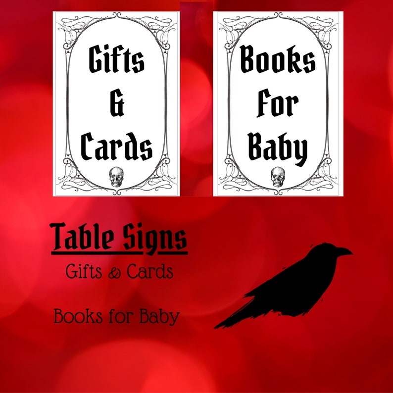 May include: Two printable table signs for a baby shower. The signs are white with black text and a skull graphic. The text on the signs reads "Gifts & Cards" and "Books for Baby".