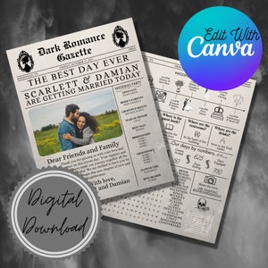 May include: A newspaper-style wedding announcement for Scarlett and Damian. The announcement features a photo of the couple, a wedding party list, and a countdown to the wedding. The text reads "The Best Day Ever Scarlett & Damian Are Getting Married Today".
