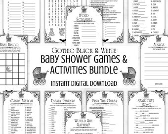 Gothic Baby Shower Games Bundle | Black & White Printable Activities