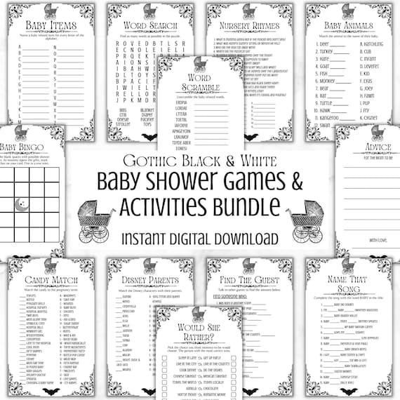 Gothic Baby Shower Games Bundle | Black & White Printable Activities