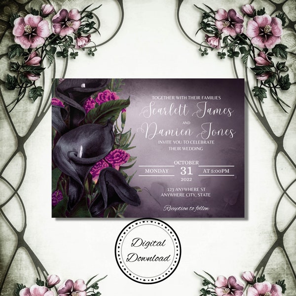 Black Calla Lily Gothic Wedding Invitation