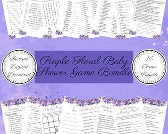 Paquete de juegos imprimibles para baby shower floral morado