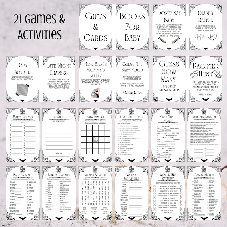 May include: A collection of 21 baby shower games and activities printed on white cards with black decorative borders. Games include advice, bingo, word searches, and more. Text includes "Gifts & Cards" and "Books for Baby."