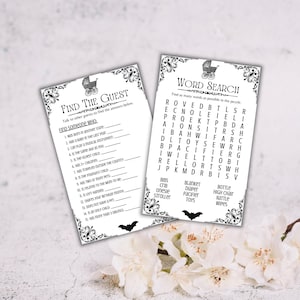 May include: Two black and white baby shower game cards. One card is titled "Find the Guest" with fill-in-the-blank prompts. The other card is a "Word Search" puzzle with baby-related words. Both cards have decorative borders and a baby carriage graphic.