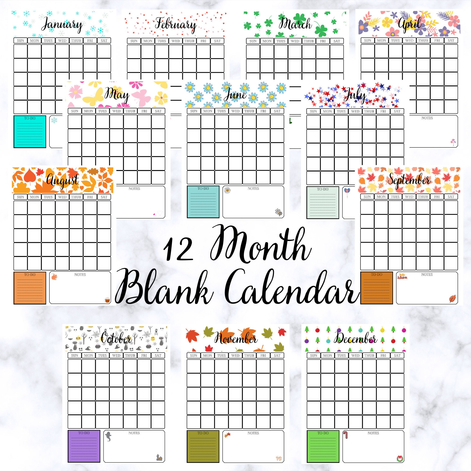 Blank 12 Month Printable Calendar - Etsy