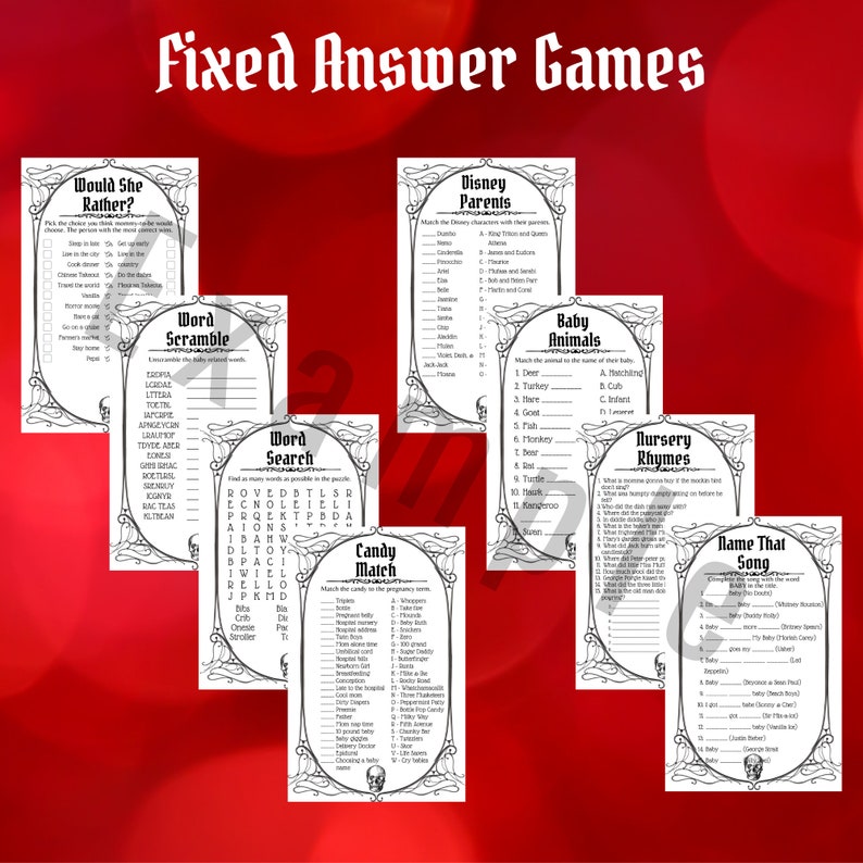 May include: A set of printable Halloween party games with a black and white skull design. The games include: Would She Rather, Word Scramble, Word Search, Candy Match, Disney Parents, Baby Animals, Nursery Rhymes, and Name That Song.