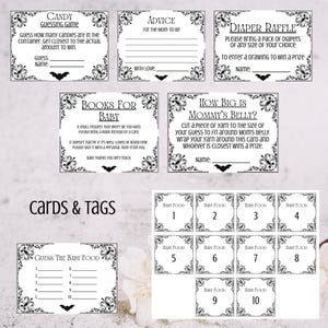 May include: A collection of black and white baby shower game cards and tags. The cards include games like "Candy Guessing Game", "Diaper Raffle", and "How Big is Mommy's Belly?" Decorative bat and floral designs frame the text.