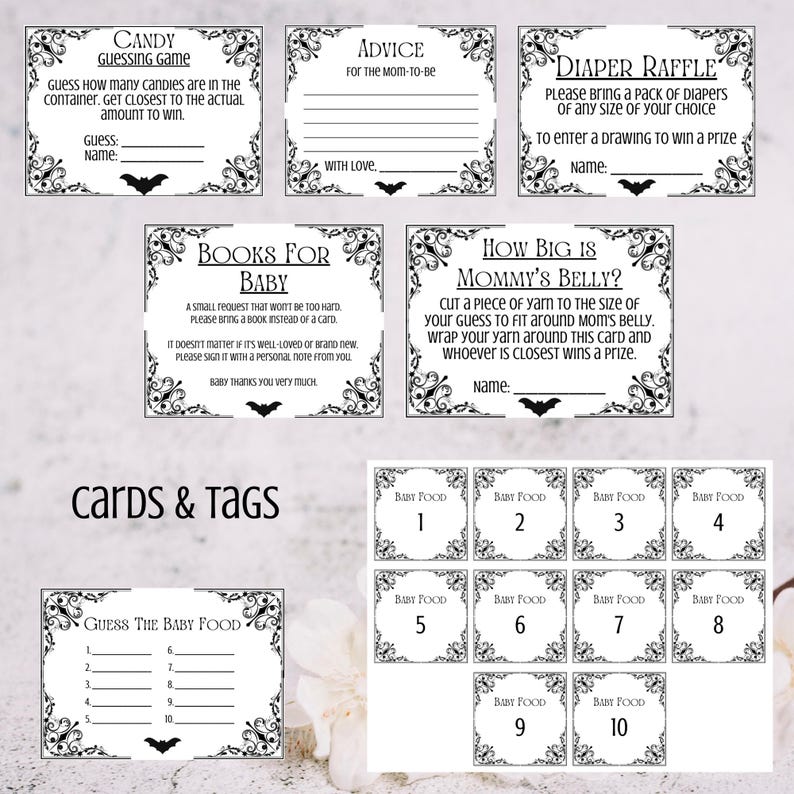 May include: A collection of black and white baby shower game cards and tags. The cards include games like "Candy Guessing Game", "Diaper Raffle", and "How Big is Mommy's Belly?" Decorative bat and floral designs frame the text.