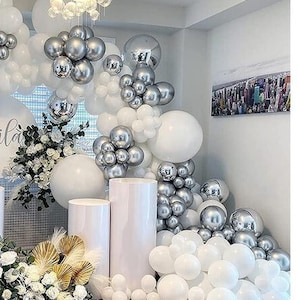 105pc Chrome silver and White Balloons Diy Garland Kit for wedding, Bridal shower Engagement Party décor sweet sixteen balloon arch