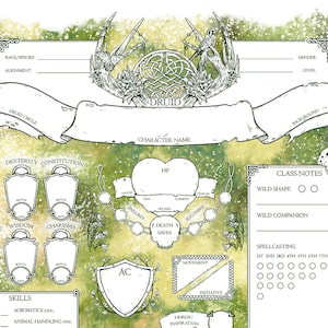 以下が含まれることがあります： 緑と白の水彩画の背景を持つ、詳細な白黒のドルイドキャラクターシート。シートには、人種、アライメント、スキル、呪文詠唱のセクションが含まれています。「DRUID」という単語が大きく表示されています。