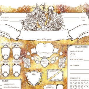 Puede incluir: Una detallada hoja de personaje para un Hechicero, con una pancarta con el nombre de la clase y espacio para detalles del personaje. La hoja incluye secciones para habilidades, estadísticas y notas de clase, todo sobre un fondo dorado texturizado.