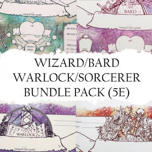 May include: A printable Dungeons and Dragons character sheet bundle pack for the Wizard, Bard, Warlock, and Sorcerer classes. The sheets feature watercolor backgrounds with illustrations of each class.