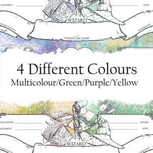 Op de afbeelding: Printbare karakterkaart voor een tovenaar, met een grillige illustratie van een tovenaarshoed en boeken. De kaart is verkrijgbaar in vier verschillende kleuren: multicolor, groen, paars en geel.