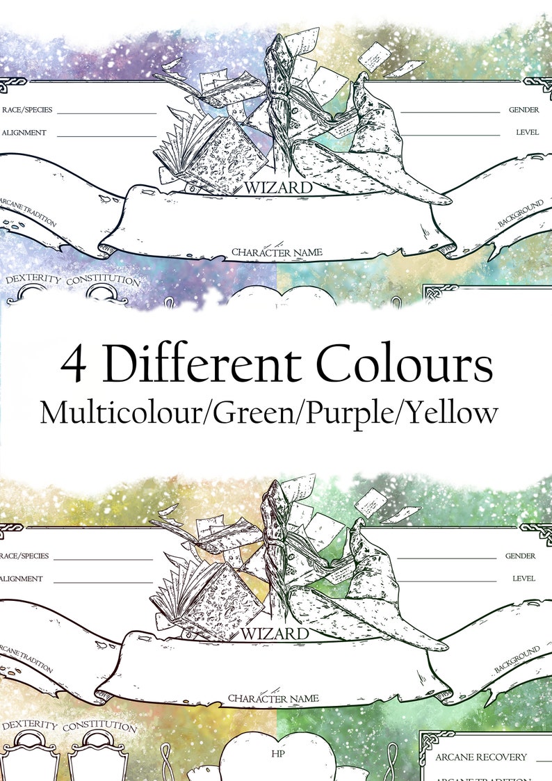 Op de afbeelding: Printbare karakterkaart voor een tovenaar, met een grillige illustratie van een tovenaarshoed en boeken. De kaart is verkrijgbaar in vier verschillende kleuren: multicolor, groen, paars en geel.