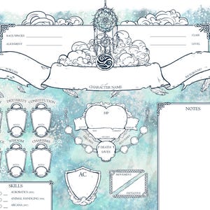 May include: A fantasy-themed character sheet with a dreamcatcher, clouds, and feather illustrations. The sheet includes sections for character name, skills, and attributes, with a watercolor-style background in shades of blue and white.