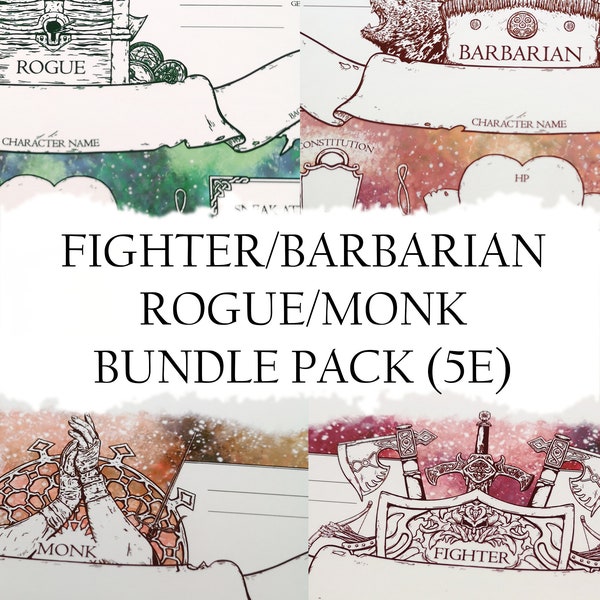 Fighter/Barbarian/Monk/Rogue Bundle Pack - D&D 5e Character Sheets