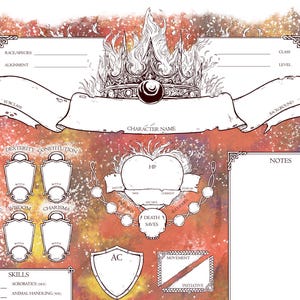 Puede incluir: Una hoja de personaje con temática de fantasía. El diseño presenta una corona, pancartas y varias casillas para estadísticas e información. El fondo tiene un diseño colorido y moteado. El texto incluye "Nombre del personaje", "HP" y "Habilidades".
