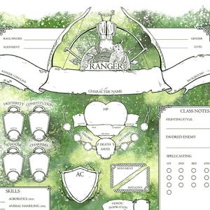 May include: A detailed Ranger character sheet with a green and white watercolour design. The sheet includes sections for character name, skills, and class notes. A bow and arrow, an owl, and a hawk are depicted. The word "RANGER" is prominently displayed.