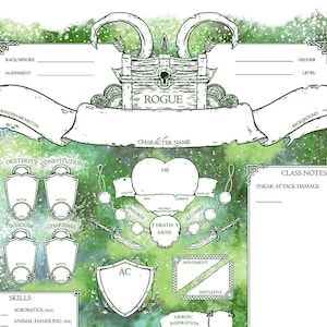 May include: A detailed character sheet for a Rogue class in a fantasy role-playing game. The sheet features spaces for character details, ability scores, skills, and class notes, with a decorative green and white watercolor background.
