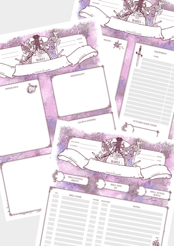 A Bards Adventure, Colorless 5e Bard Character Sheet, Fillable🌙