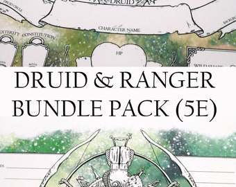 May include: A printable character sheet for Dungeons and Dragons 5th Edition, featuring a green and white background with illustrations of a druid and a ranger. The sheet includes spaces for character name, race, alignment, class, level, and other information.