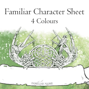 Könnte beinhalten: Ein druckbares Charakterblatt für einen Vertrauten, mit einem grünen Aquarellhintergrund und einer Schwarzweißillustration eines Vogels, der auf einem Ast sitzt. Der Text "Familiar Character Sheet" und "4 Colours" befindet sich oben auf dem Blatt. Der Text "Familiar Name" befindet sich unten auf dem Blatt.