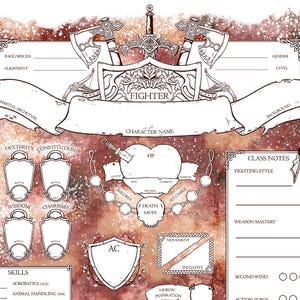 May include: A detailed character sheet for a Fighter class, with a decorative border and a watercolour-style background. The sheet includes sections for race, alignment, skills, and health points. The word "FIGHTER" is prominently displayed.