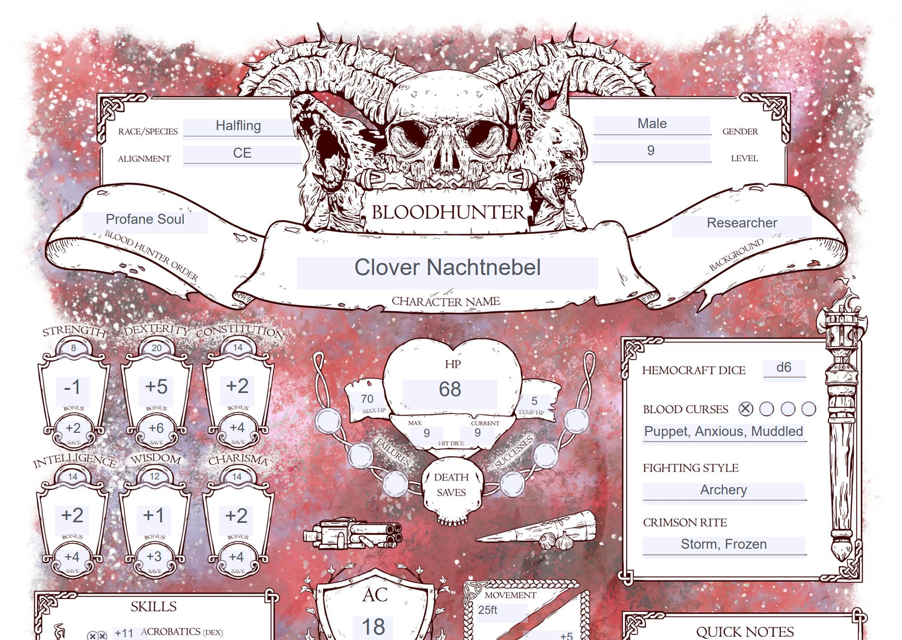 Fillable D&amp;D 5E Bloodhunter Character Sheets - Etsy