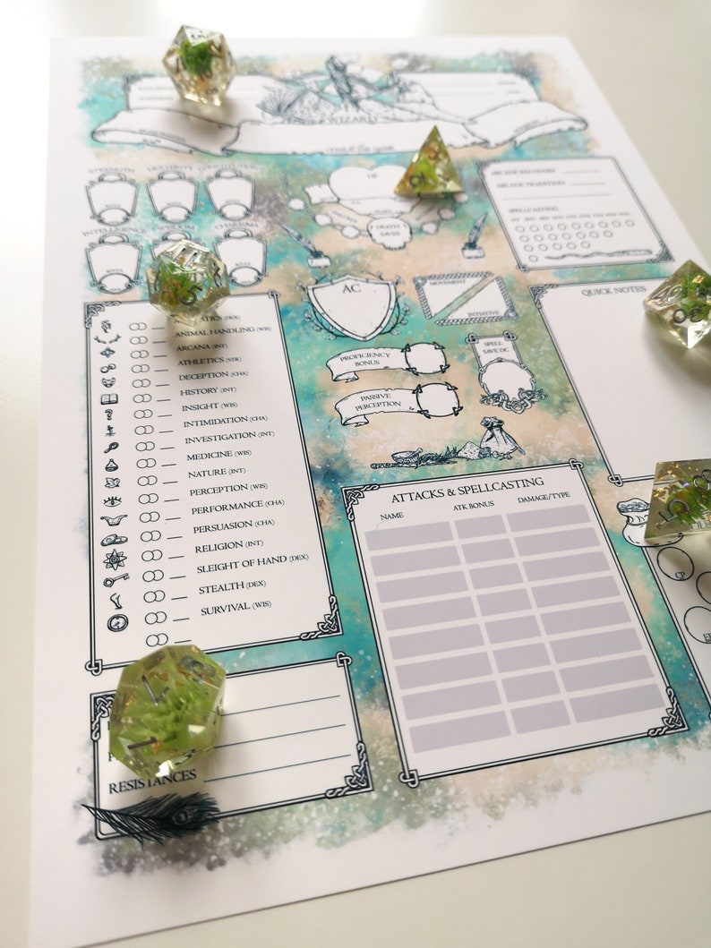 Op de afbeelding: Een printbaar Dungeons and Dragons-personageblad met een aquarel achtergrond. Het blad bevat secties voor vaardigheidsscores, vaardigheden, aanvallen en spreuken. Er is ook ruimte voor snelle notities en weerstanden.