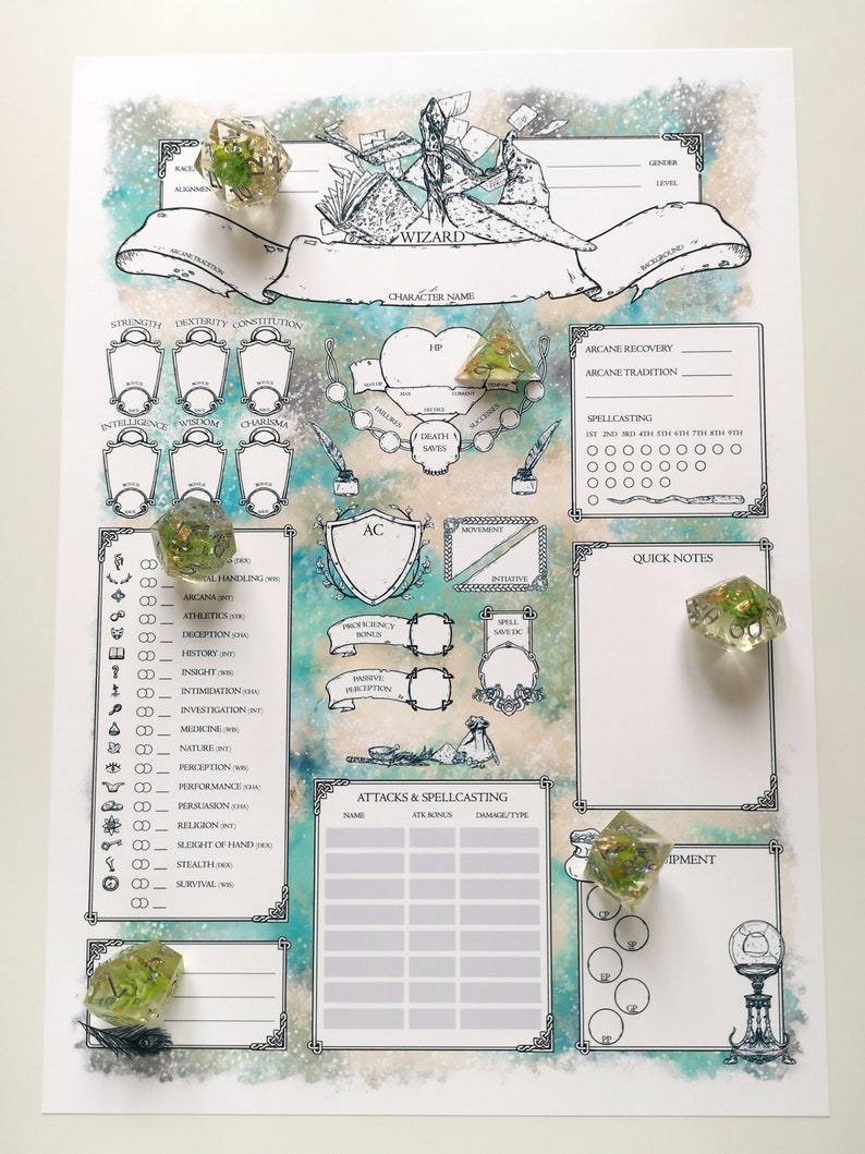 This D&D 5e character sheet, tailored for Wizard, features distinctive artwork adorning the entire page, complemented by a vibrant and diverse colour palette in the background. Additional images provide close-up perspectives of the printouts.