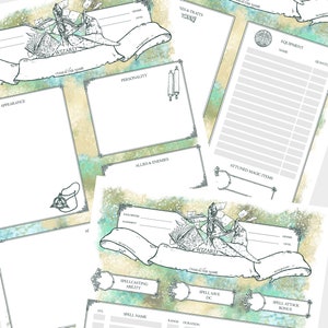 Op de afbeelding: Een printbaar karakterblad voor een tovenaar, met een groene en bruine aquarel achtergrond. Het blad bevat secties voor uiterlijk, persoonlijkheid, bondgenoten en vijanden, uitrusting, spreuken en meer.