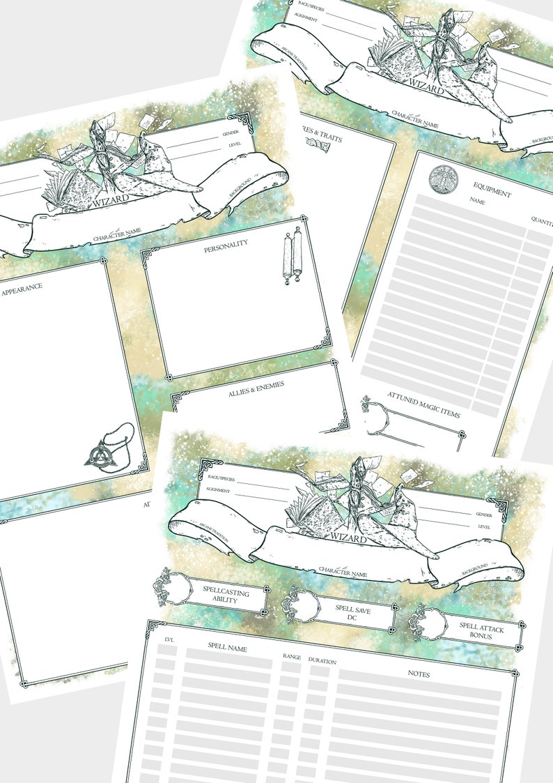 Op de afbeelding: Een printbaar karakterblad voor een tovenaar, met een groene en bruine aquarel achtergrond. Het blad bevat secties voor uiterlijk, persoonlijkheid, bondgenoten en vijanden, uitrusting, spreuken en meer.