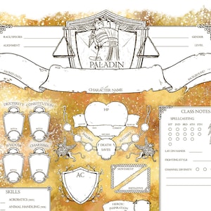 May include: A detailed character sheet for a Paladin, featuring sections for race, alignment, and skills. The design includes a banner with the class name, a shield, and decorative elements, all in black and white.