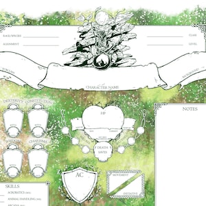 Può includere: Un foglio di personaggio a tema fantasy con uno sfondo ad acquerello verde e bianco. Il foglio include sezioni per il nome del personaggio, le abilità e le statistiche. Banner a scorrimento decorativi e bordi ornati incorniciano il layout. Un emblema centrale presenta un albero stilizzato e un emblema circolare.