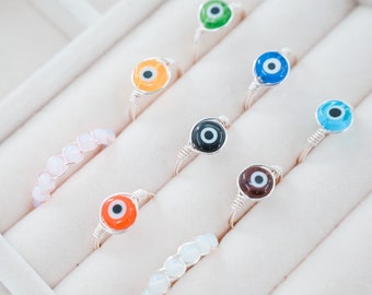 Evil Eye Hippie Ring,  Protection Ring Silver and Gold ring, Evil Eye Wire Wrapped Ring Rings For Women, Wrapped Gemstone Rings