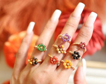 Handmade Adjustable Flower Gemstone Ring, Floral Jewelry Gift