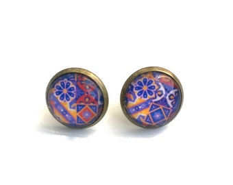 Boucles d'oreille wax mosaïque puces cabochon, verre à motifs